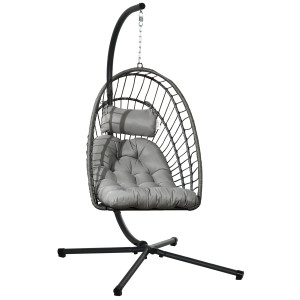 Altro Poltrona Sospesa In Rattan Pe Con Cuscino, Seduta Pieghevole E Struttura In Acciaio, Grigio