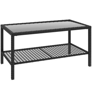 Altro Tavolino Da Caffè A 2 Livelli Con Piano In Vetro Temperato E Ripiano, In Acciaio E Rattan, 92x50x45 Cm, Nero