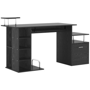 Altro Scrivania Per Computer Moderna Con Cassetti, Ripiani E Tastiera Estraibile, Scrivania Da Ufficio Per Casa In Legno Nero 152x60x88cm