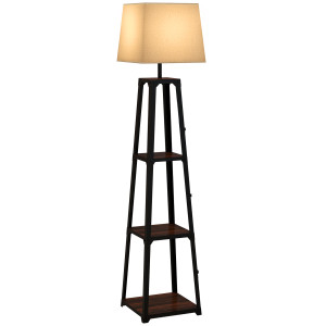 Altro Lampada Da Terra In Metallo E Mdf A 3 Ripiani Con Paralume In Tessuto, Ø42x166 Cm, Nero E Beige