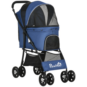 Altro Passeggino Per Cani Con Cesto, Cuscino E 2 Guinzagli, In Acciaio E Tessuto Oxford, 81x48x99 Cm, Nero E Blu Scuro