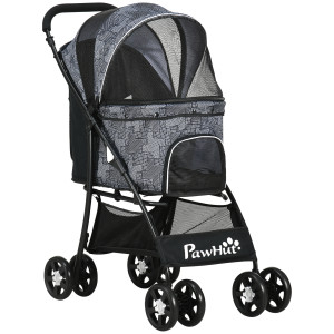 Altro Passeggino Per Cani Con Cesto, Cuscino E 2 Guinzagli, In Acciaio E Tessuto Oxford, 81x48x99 Cm, Nero E Grigio