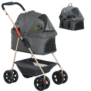 Altro Passeggino Per Cani 3 In 1 Pieghevole Con Borsa Trasportino E Cestino Inferiore, Grigio