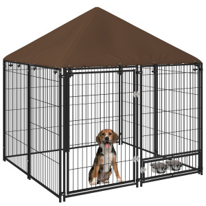 Altro Recinto Per Cani In Metallo E Tessuto Oxford Con Porticina Per Ciotole, 141x141x151 Cm, Nero E Marrone
