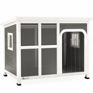 Altro Casetta Per Cani Con Finestrelle E Ingresso A Tenda, In Legno Di Abete, 90x62x71 Cm, Grigio Chiaro