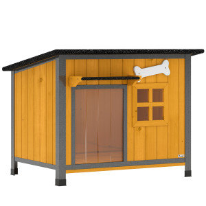 Altro Cuccia Per Cani Da Esterno In Legno E Acciaio AntI-Morso, Tetto Apribile E Tenda Per Porta, Giallo