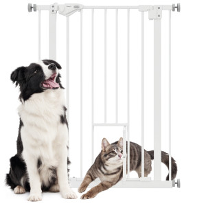 Altro Cancelletto Per Cani Con Porta Piccola, Montaggio A Pressione E Chiusura Automatica, 74-80x91.4cm, Bianco