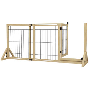 Altro Cancelletto Per Cani Estensibile Con Porta E 2 Pannelli, Piedini Triangolari, 112-159x70 Cm, Legno Naturale