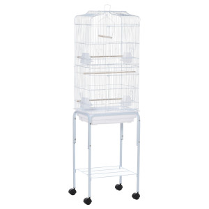 Altro Gabbia Per Uccelli, Voliera In Metallo E Acciaio Con Ruote, Trespoli E Ciotole, 46.5x36x157cm, Bianco