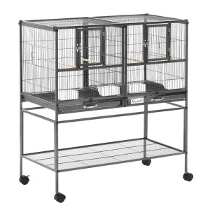 Altro Doppia Gabbia Per Uccelli In Metallo Di Alta Qualità Con Vassoi Estraibili, Supporto Stabile Con 4 Ruote E Ripiano, 95x45.5x102cm, Nero Grigio