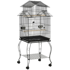Altro Gabbia Per Uccelli Da Interni In Legno Con Vassoio, 4 Ruote E Trespolo, 50x49x137cm