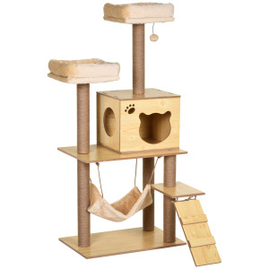 Altro Albero Tiragraffi Per Gatti Con Casetta, 2 Lettini, Amaca E Pallina, In Legno, Poliestere E Sisal, 60x40x130 cm