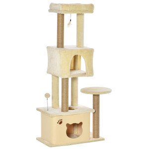 Altro Albero Tiragraffi Per Gatti Alto 136 Cm Con Cuccia Rimovibile, Casetta E Lettino, Pali In Iuta, Beige