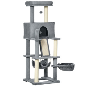 Altro Albero Tiragraffi Per Gatti Con Pali In Sisal, Casetta, Lettino E Amache, 48x48x140cm, Grigio