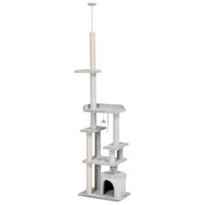 Altro Albero Tiragraffi Per Gatti A Soffitto Con Piattaforme E Casetta, 60x40x225-255cm, Grigio
