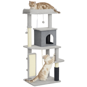 Altro Albero Per Gatti Multilivello Alto 132 Cm Con Casetta, Lettino, Pali Tiragraffi, Spazzola E Pallina, Grigio
