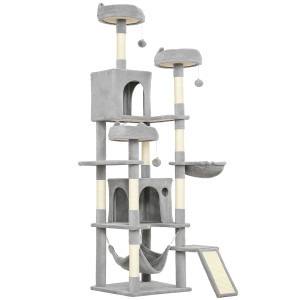 Altro Albero Tiragraffi Per Gatti Con Scala, 2 Amache, 3 Posatoi, 2 Casette E 3 Piattaforme, 48x48x192 Cm, Grigio E Crema