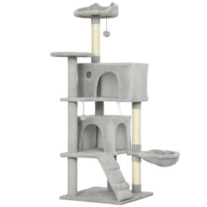 Altro Albero Tiragraffi Per Gatti Alto 140 Cm Con 2 Casette, Amaca, Lettino E Pali In Sisal, Grigio