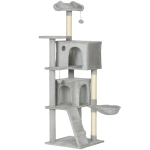 Altro Albero Tiragraffi Per Gatti Con 2 Casette, Amaca, Lettino E Pali In Sisal, 48x48x160 Cm, Grigio