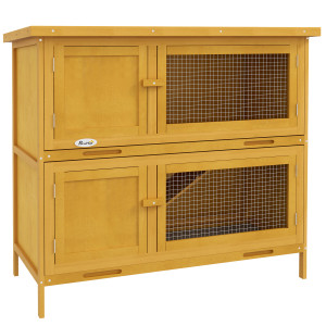 Altro Conigliera A 2 Livelli In Legno Di Abete E Bitume Con Rampa, 2 Vassoi Estraibili 4 Porte, 97x44x91 Cm, Giallo