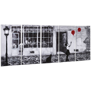 Altro Stampa Su Tela Con Bambina, 80x40cm, 5 Pezzi Per Casa E Ufficio, Tela In Legno Di Pino E Vernice Ad Acqua, Nero Bianco Rosso