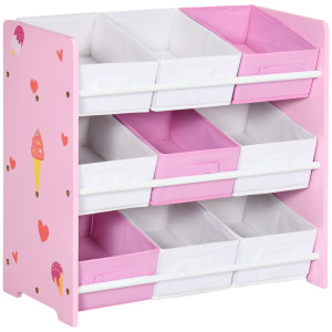 Altro Mobiletto Portagiochi Con 9 Cestini Rimovibili In Legno E Tessuto, 63x30x60 Cm, Rosa E Bianco
