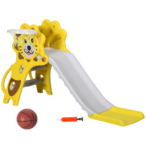 Altro Scivolo Per Bambini 18-36 Mesi Con Canestro Da Basket Laterale In Pe, 131x50x74 Cm, Giallo E Grigio