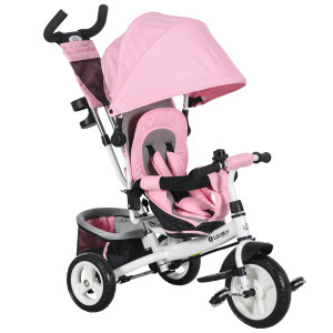Altro Triciclo Per Bambini 1-5 Anni Con Maniglione E Tettuccio Regolabile, 102x49x102 Cm, Bianco E Rosa