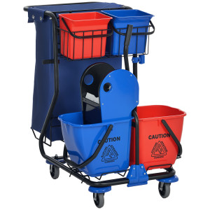 Altro Carrello Pulizie Con Sacco Per Immondizia, 4 Secchi E Strizzatore Per Mocio, 93x80x97 Cm, Rosso Blu E Nero