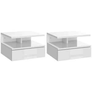 Altro Set Da 2 Comodini Moderni Sospesi Con Cassetto E Mensola In Legno 35x32x22.5cm, Bianco Lucido