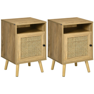 Altro Set 2 Comodini In Stile Boho Con Armadietto E Ripiano Aperto, In Truciolato, Rattan E Mdf, 39x35x60 cm