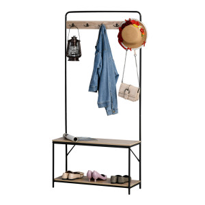 Altro Appendiabiti Con Panca E Scarpiera In Stile Industriale, Mobile Per Ingresso Vintage In Legno E Acciaio Nero