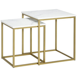Altro Tavolino Da Salotto Set 2 Pezzi Impilabile Con Piano In Truciolato E Struttura In Acciaio, Bianco E Oro