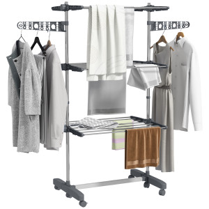 Altro Stendino Verticale Con 3 Ripiani Regolabili, In Acciaio E Plastica, 142x55x152 Cm, Grigio E Argento