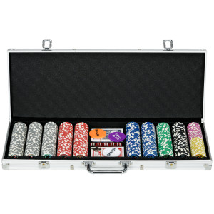 Altro Set Poker Per 9-10 Giocatori Con 500 Fiches, 2 Mazzi Di Carte E 5 Dadi, In Alluminio E Poliestere