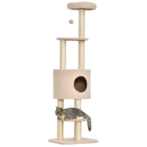 Altro Albero Tiragraffi Robusto Per Gatti Con 5 Livelli, Cuccia, Casetta, Giochi E Corda Sisal, Beige, Max 30kg