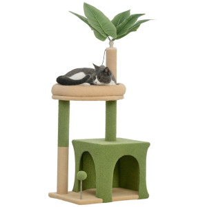 Altro Albero Tiragraffi Per Gatti Con Casetta, Lettino E 2 Palline, In Legno E Poliestere, 44x30x98 Cm, Verde E Marrone