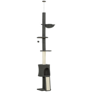 Altro Albero Per Gatti A Soffitto Alto 220-240 Cm Con Amaca, Casetta, Piattaforme A Fiore E Pali In Sisal, Grigio