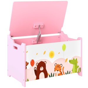 Altro Baule Portagiochi Per Bambini Con Cerniere Di Sicurezza In Legno Con Disegni Di Animali, 60x37x39 Cm, Rosa