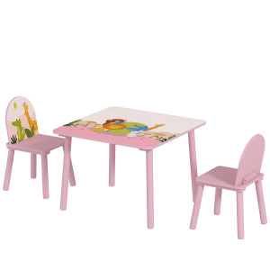 Altro Set Tavolo E Sedie Per Bambini 3-8 Anni Con Motivi Animali E Bordi Arrotondati, In Mdf E Legno Di Pino Rosa