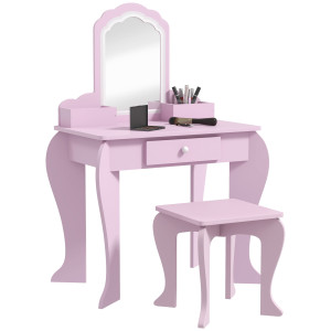 Altro Set Toeletta Per Bambina Con Specchio Trucco E Sgabello Abbinato In Legno, Cassetto E Contenitori, Rosa
