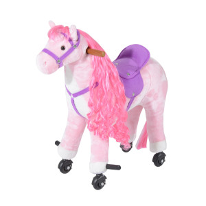 Altro Cavallo A Dondolo Per Bambini 2+ Anni Con 4 Rotelle, Suoni Realistici E Poggiapiedi, 65x28x75 Cm, Rosa