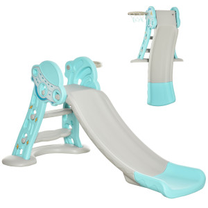Altro Scivolo Per Bambini Da 18 Mesi Pieghevole Con 3 Scalini E Canestro Basket, 140x87x75cm, Blu E Grigio