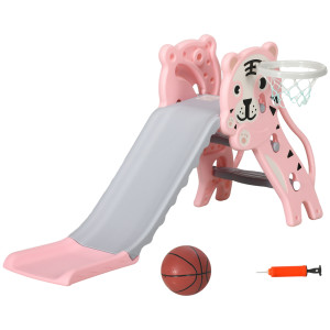 Altro Scivolo Per Bambini 18-36 Mesi Con Canestro Da Basket Laterale, In Plastica, 133x60x70 Cm, Rosa E Grigio