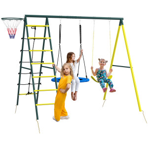 Altro Set Altalene Da Giardino Rotonda E Classica, Scalette In Acciaio E Corda E Canestro Per Bambini 3-8 Anni