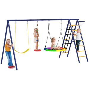 Altro Gioco Per Bambini 3-8 Anni Con 3 Altalene, Scala A Corda E Canestro Basket, In Acciaio, Pe E Pp, 3.5x1.8x2 M