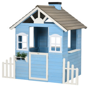 Altro Casa Per Bimbi 3-7 Anni Con Staccionata, Portavasi, Porta E Finestre, In Legno Di Abete, 151x112.5x142 Cm, Blu