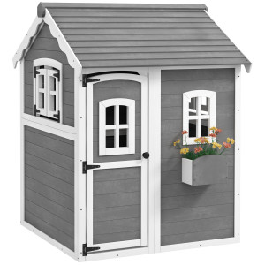 Altro Casetta Per Bambini 3-8 Anni Con 6 Finestre E Fioriera, In Legno Di Abete, 104.5x110x137 Cm, Grigia