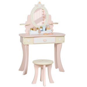 Altro Set Toeletta Con Specchio E Sgabello In Legno 2 In 1 Per Bambini Con 7 Accessori Inclusi, Rosa