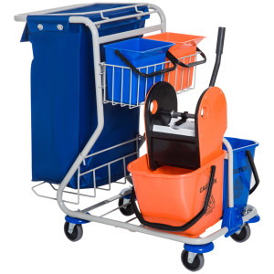 Altro Carrello Pulizie Professionale Con Sacco Per Immondizia, 2 Secchi Lavapavimenti 18l, 2 Secchio Portaoggetti 6l, Strizzatore Per Mocio, Gancio E